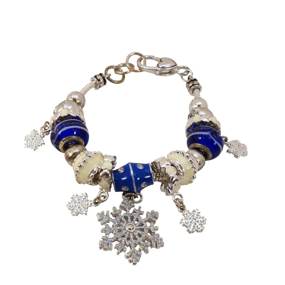 Blue White Snowflake Charm Bracelet Silver Tone Winter‎ Holiday Heart Clasp